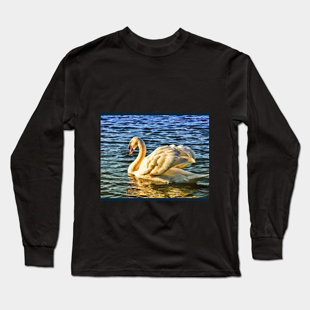 Swan wading on water in sunshine Long Sleeve T-Shirt by Blue Butterfly Designs 